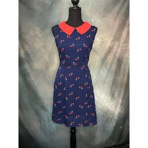 Goldkid London Womens Dress S/M Navy Blue Red Cherry Print‎ Peter Pan Collar